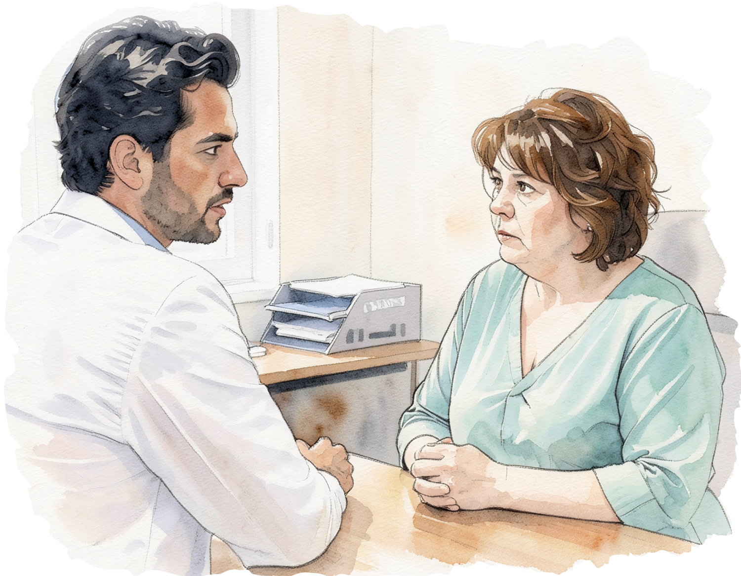 Watercolor illustration of a clinician speaking with a patient